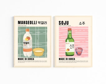Korean Food Retro Soju Makgeolli Posters, 2 Piece Wall Art, Aesthetic Room Decor, Retro Wall Art, Colorful Wall Art, Kitchen Wall Decor
