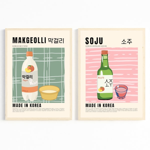 Korean Food Retro Soju Makgeolli Posters, 2 Piece Wall Art, Aesthetic Room Decor, Retro Wall Art, Colorful Wall Art, Kitchen Wall Decor