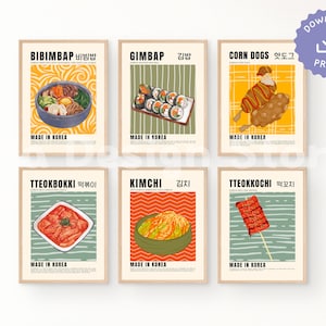 koreanisches Essen Poster 6er Set | Korea Farbenfrohes Essen Drucke | Digitaler Download | Bar druckbare Kunst | Küche Wand Dekor | Galerie Wall Art