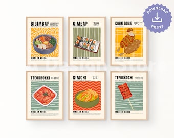 Korean Food Posters Set of 6 | Korea Colorful Food Prints | Digital Download | Bar Printable Art | Kitchen Wall Decor | Gallery Wall Art