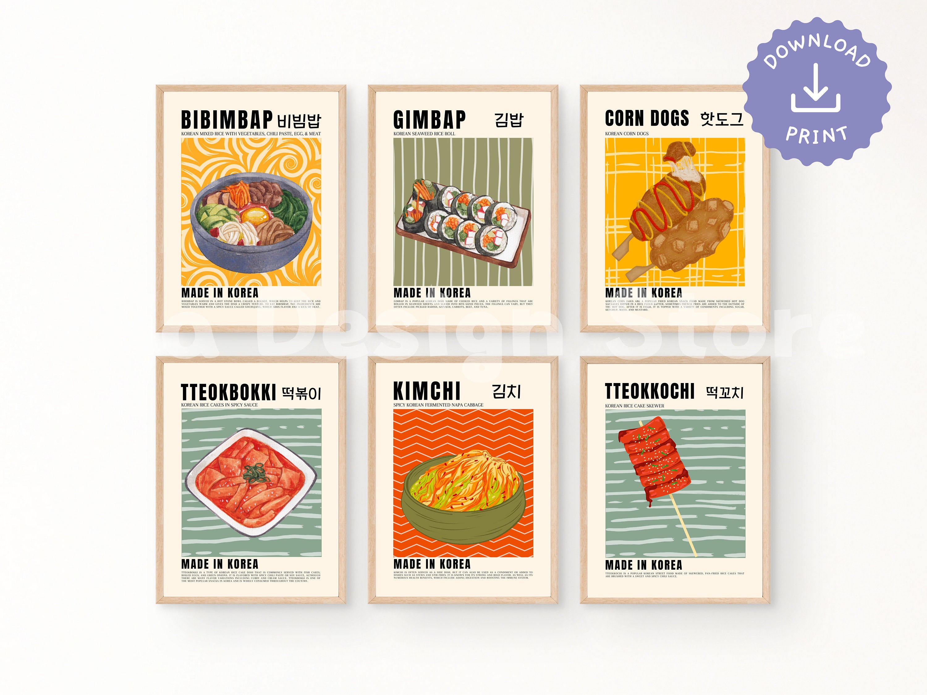 Korean Food Posters Set of 6 | Korea Colorful Food Prints | Digital Download | Bar Printable Art | Kitchen Wall Decor | Gallery Wall Art