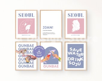 Pink Cocktail Posters Set of 6 | Korean Colorful Food Prints | Digital Download | Bar Printable Art | Kitchen Wall Decor | Gallery Wall Art