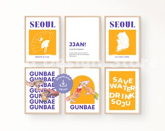 Korean Cocktail Posters Set of 6 | Korea Colorful Food Prints | Digital Download | Bar Printable Art | Kitchen Wall Decor | Gallery Wall Art