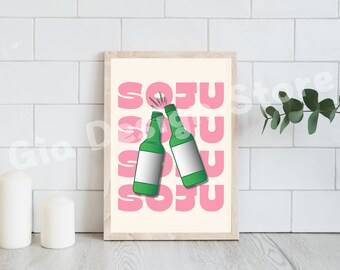 Korean Soju Poster, Colorful Pink Cocktail Poster, Restaurant Decor, Chef Retro Wall Art, Kitchen Wall, Modern Minimalist Aesthetic Prints