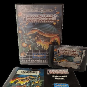 May include: A Sega Genesis video game cartridge and box for Empire of Steel, a side-scrolling shooter game. The box features a colorful illustration of a futuristic airship flying over a city. The cartridge is black with a label that reads "Empire of Steel".