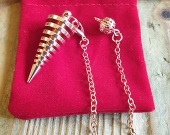Cone Copper Pendulum with Velvet Pouch. Dowsing, Divination, Healing, Reiki, Rose Gold.