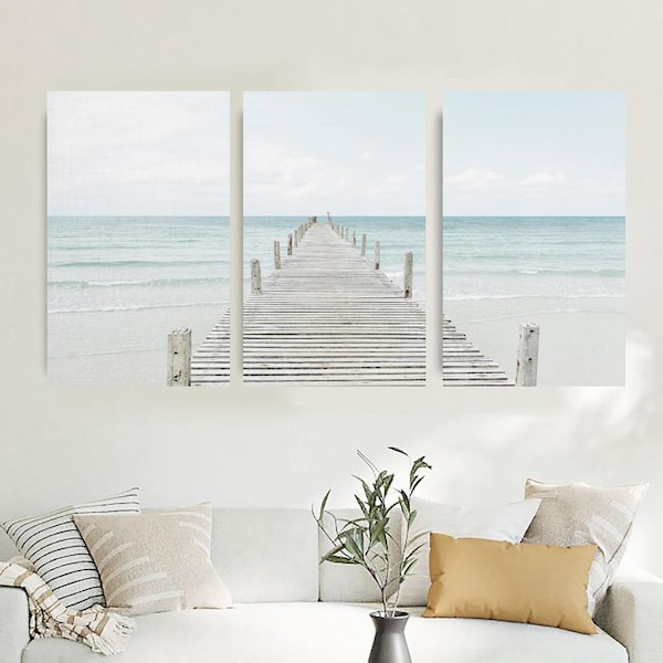Boardwalk on the Calm Ocean Set of 3 Framed Prints on Canvas Ready to Hang Wall Art