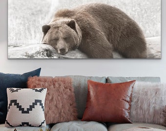 Brown Grizzly Bear Sleeping Peacefully On A Log, artwork on stretched canvas