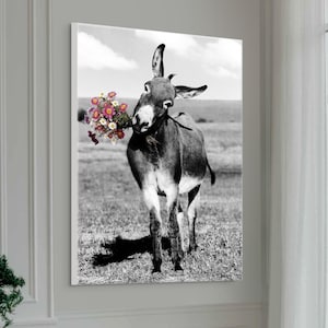 Black and White Donkey with Flowers, artwork stretched on canvas