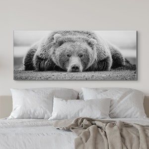 Black and White Sleeping Bear Photography Print on Canvas - LARGE FRAMED size Available