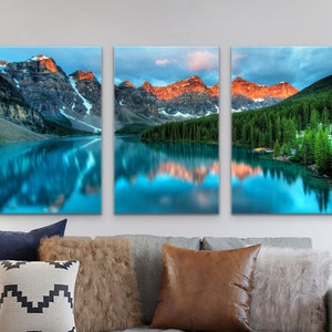Ready to Hang Large Blue Vibrant Colours Mountain Range Lake Louis - Set of 3 Framed Prints and Single Panel avaialble