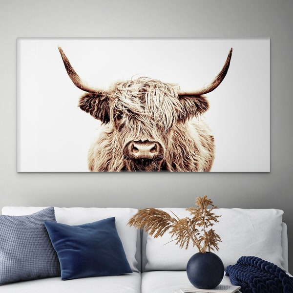 Sepia Highland Cow Picture on white canvas background Rustic Style on Canvas Ready to Hang Framed - LARGE and EXTRA LARGE Sizes Available
