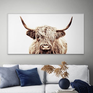 Highland Cow Sepia Minimalist, artwork stretched on canvas