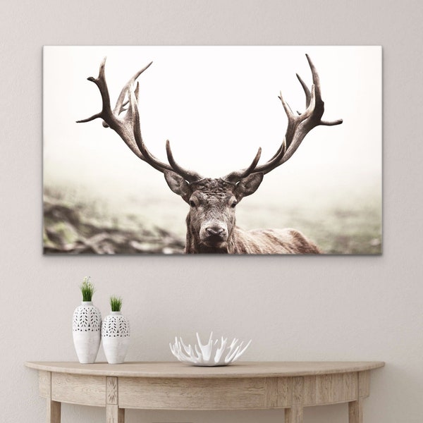Ready to Hang Large Size Buck Framed Print on Canvas Free Shipping - Brown Deer with Long Antlers