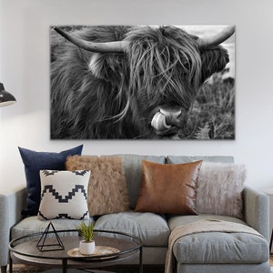 Quirky Highland Cow Sticking His Tongue Out Print on Canvas Ready to Hang Framed - LARGE and XL Sizes Available