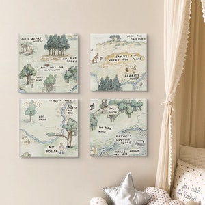 Prêt à accrocher | Lot de 4 | Carte de l'ourson des bois de 100 acres | Fabriqué au Canada
