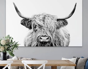 Highland Cow Canvas Print, Shaggy Scottish Bull, Black and White Wall Art