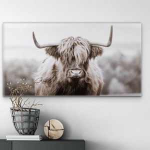 Ready to Hang Large Size Highland Cow Framed Print on Canvas Wall Art Free Shipping - Brown Shaggy Scottish Bull