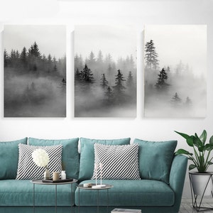 Ready to Hang Large Size Black and White Mountain Mist Set of 3 Framed Prints on Canvas Wall Art Free Shipping