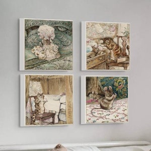 Beatrix Potter set of four, artwork on stretched canvas, Vintage Mouse & Cat Nursery Decor