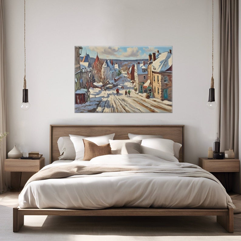 May include: A painting of a snowy street scene in a small town. The buildings are brick and have snow-covered roofs. There are people walking down the street, and the sky is blue with some clouds.