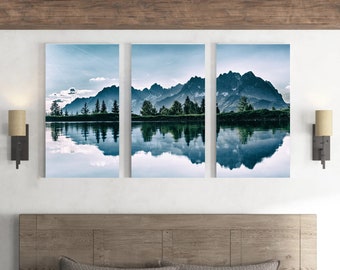 Ready to Hang Large Size Mountain Reflections Set of 3 Framed Prints on Canvas Wall Art Free Shipping