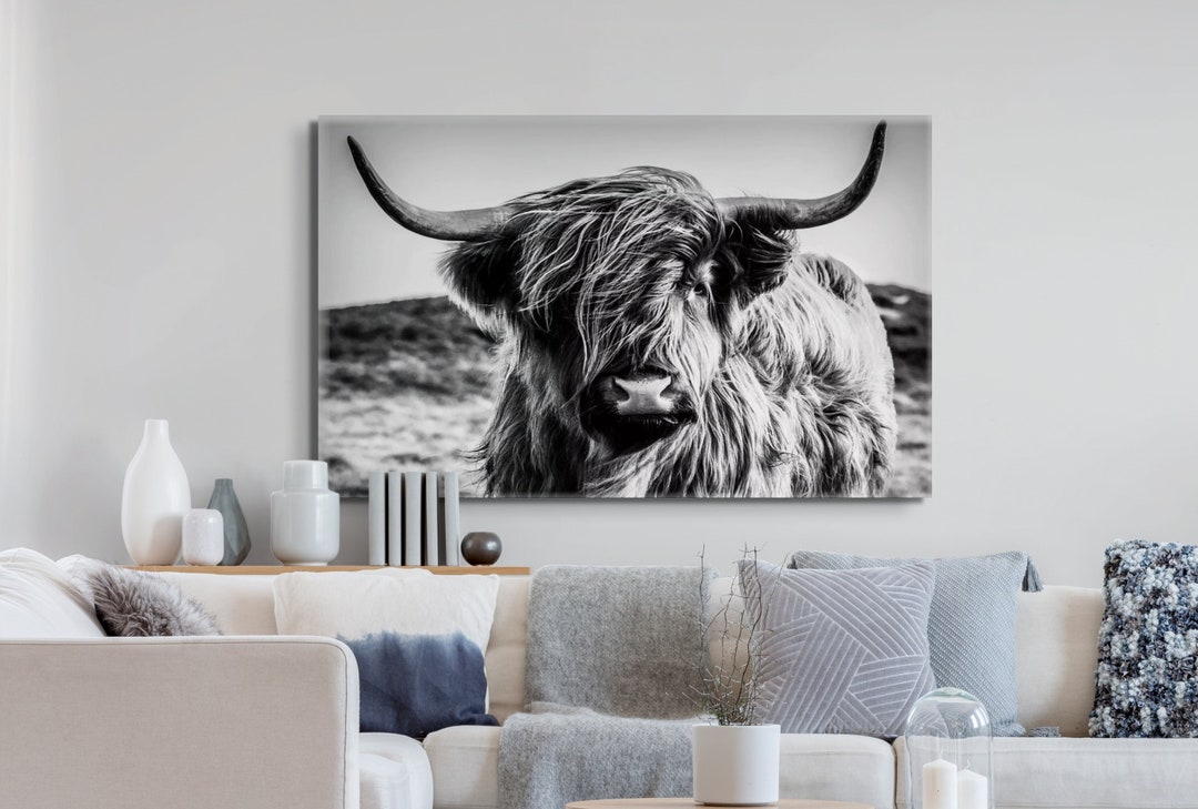 Ready to Hang Black and White Highland Cow Framed Print on Etsy