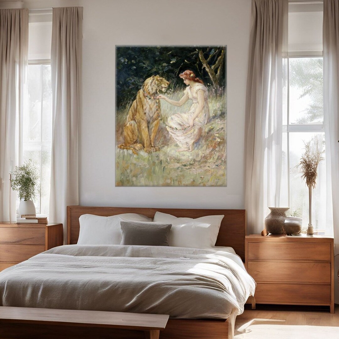 Lady and the Tiger Vintage Painting Style Print on Canvas Ready to Hang ...