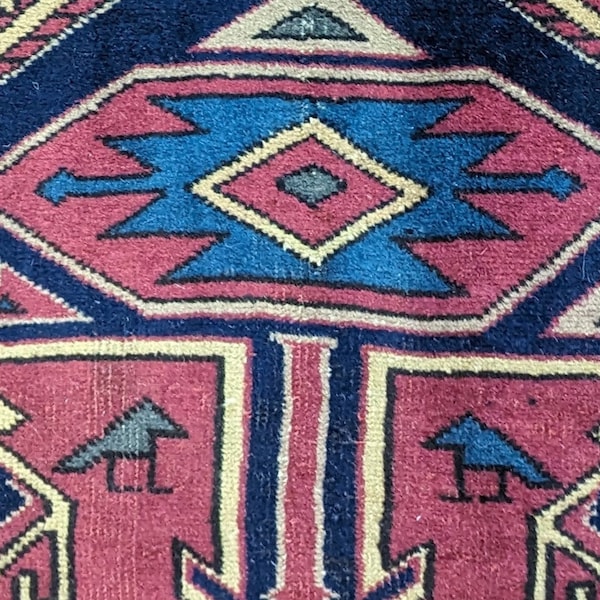 Antique Turkish Rug, 5X6, Hand Knotted Square Oriental Carpet, Entryway Serapi Heriz Rug, Tribal Geometric Living Room, Rose Beige Navy