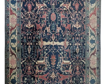 Vintage Oriental Rug, 10x13, Hand Knotted, Large Living Room Decor, Bidjar Design Navy Rug