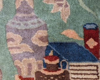 Antique Chinese Art Deco Rug 8x11: Teal & Cocoa Oriental Carpet