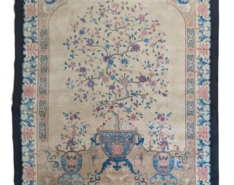 Antique Chinese Rug, 9x12, Hand Knotted Art Deco Oriental Carpet, Room Size Fette Nichols Tree of Life Rug, Beige Blue Black Teal Pink