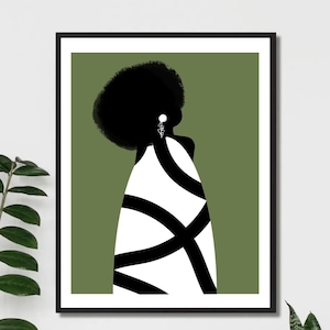 May include: A black and white abstract illustration of a person with an afro hairstyle wearing a dress with black lines on a green background.