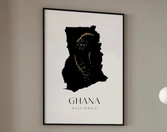 Ghana Wall Art | African Wall Art Prints | Ghana Map | Ghana Travel Poster | Modern African Home Decor | African Prints UK | Black And Gold
