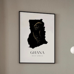 Ghana Wandkunst | Afrikanische Wandkunst | Ghana Karte | Ghana Reise Poster | Moderne afrikanische Wohnkultur | African Prints Deutschland | Schwarz und Gold