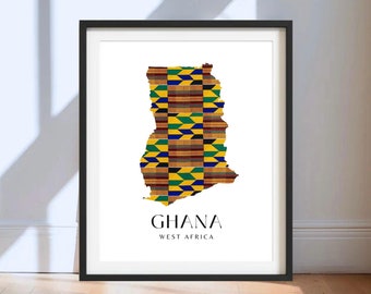 Kente African Wall Art Prints | Kente Ghana Map Print | Ghana Wall Art | Ghana Map Poster | Modern African Home Decor | African Prints UK