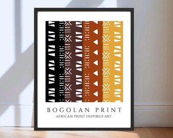 May include: A framed print with a geometric pattern in black, brown, orange, and yellow. The print is titled "Bogolan Print" and says "African Print Inspired Art".