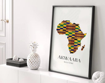 Kente Akwaaba Wall Art Print | African Wall Art Prints | Ghana Wall Art | Africa Map | Kente Print | Modern African Home Decor Prints UK