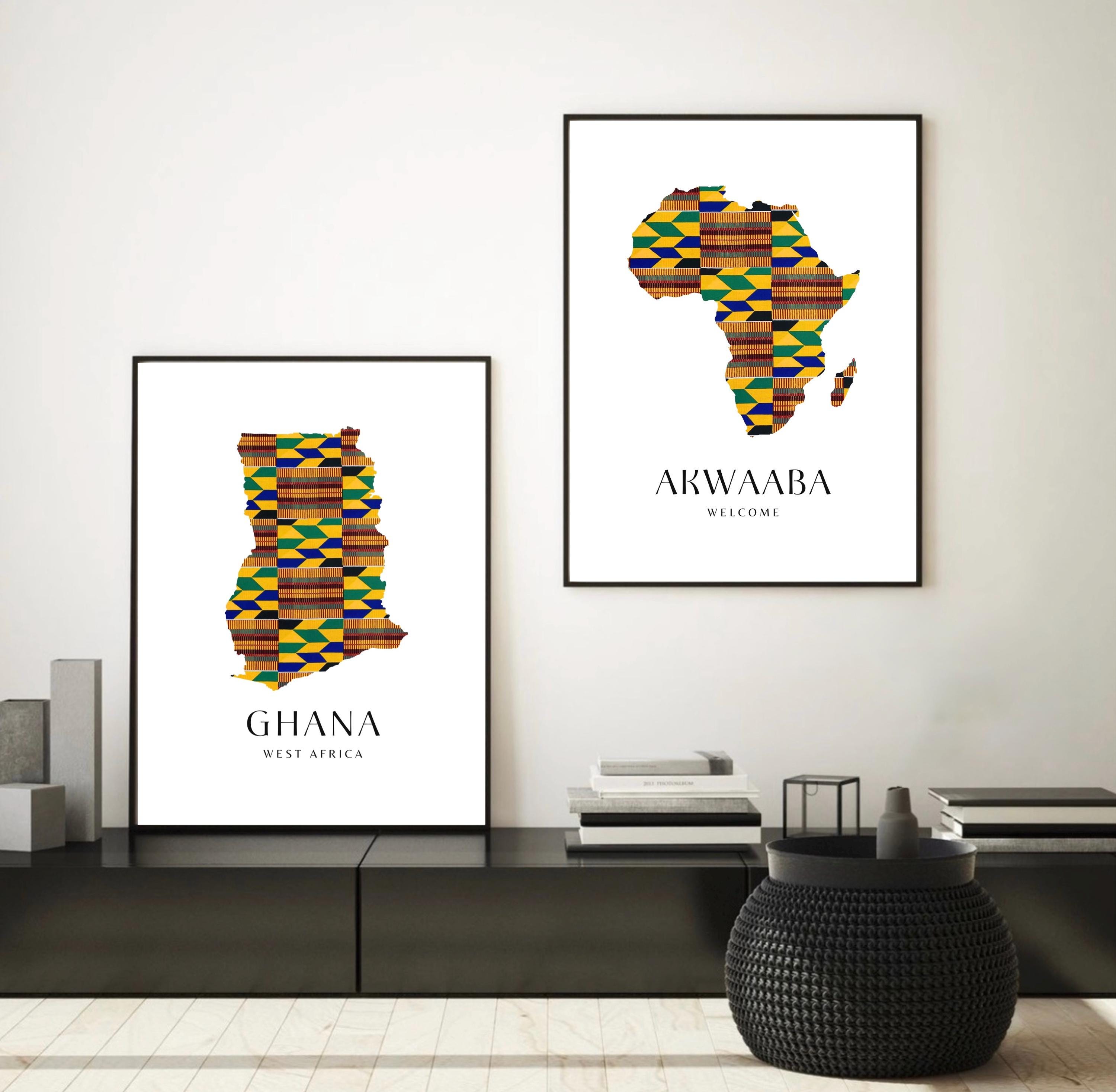 Set of African Kente Wall Art Prints | Kente Ghana Map | Ghana Wall Art ...