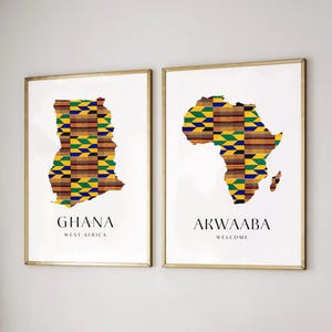 Set Of African Kente Wall Art Prints | Kente Ghana Map | Ghana Wall Art | Map Of Africa Travel Poster | Modern African Home Decor | Twi Art