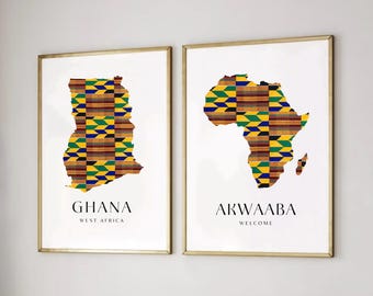 Set Of African Kente Wall Art Prints | Kente Ghana Map | Ghana Wall Art | Map Of Africa Travel Poster | Modern African Home Decor | Twi Art