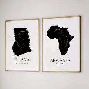 Set afrikanischer Schwarz-Gold-Wand-Kunstdrucke | Ghana Wandkunst | Ghana Karte | Karte von Afrika Reiseposter | Moderne afrikanische Wohnkultur