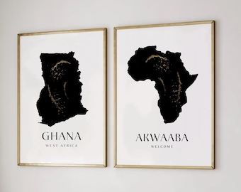 Set Of Black And Gold African Wall Art Prints | Ghana Wall Art | Ghana Map | Map Of Africa Travel Poster | Modern African Home Decor