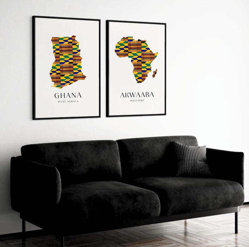 Set of African Kente Wall Art Prints | Kente Ghana Map | Ghana Wall Art ...