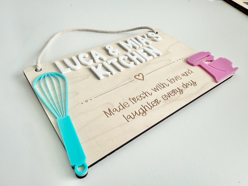 Side view of wooden kids play kitchen sign