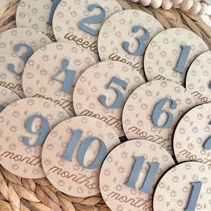 Boy Monthly Milestone Discs for Baby Photos | Gender Neutral Engraved Wood Monthly Milestone Markers | Personalized Baby Sign