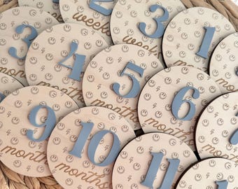 Boy Monthly Milestone Discs for Baby Photos | Gender Neutral Engraved Wood Monthly Milestone Markers | Personalized Baby Sign