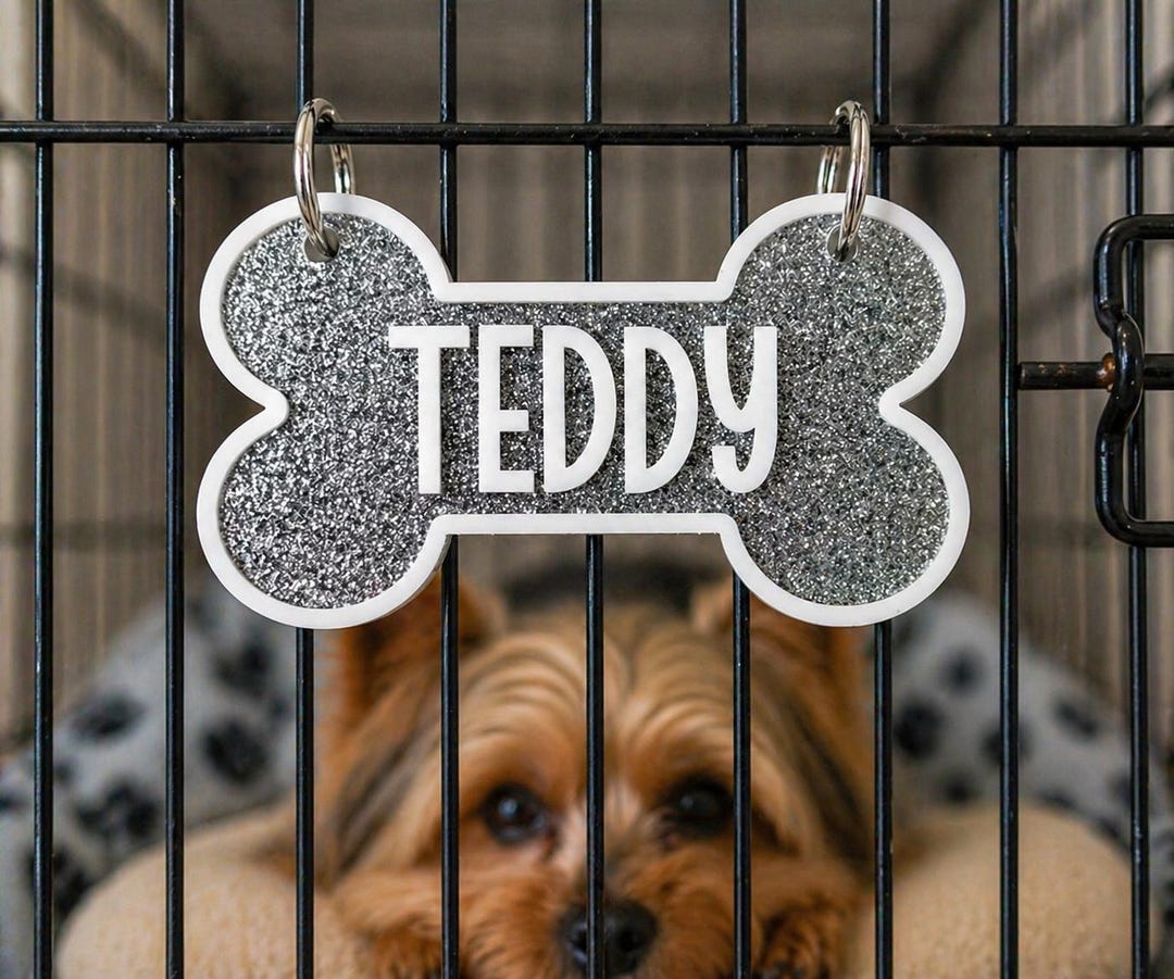 Custom Dog Crate Name Tag, Glitter Pet Name Sign, Personalized Dog Bone ...