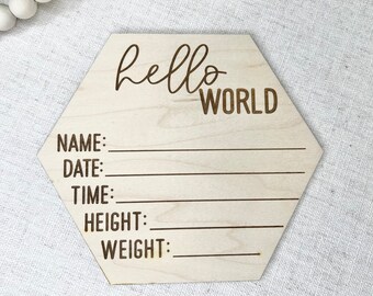Hello World Wood Baby Stats Sign, World Birth Announcement Baby Photo Prop