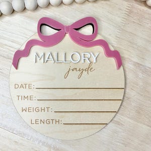 Coquette Bow Baby Girl Name Sign for Hospital, Baby Girl Name Sign With Bow, Wooden Baby Name Announcement Sign, Birth Hospital Sign